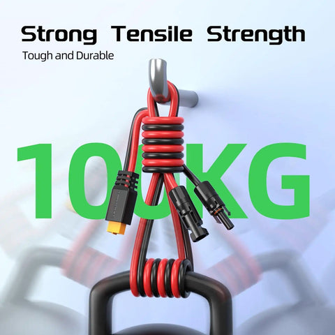 20 Foot Solar To XT60 Extension Cable 12AWG hanging on hook showing tensile strength for LiFePO4 battery RV power stations.