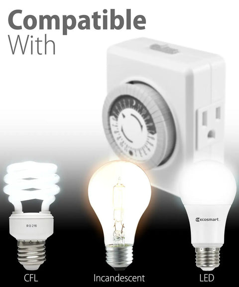 Dual 24 Hour Timers Outlet Plug In Indoor Light Timer with CFL, Incandescent, and LED bulb compatibility shown