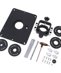 Industrial Grade Aluminum Router Lift System Featuring Fine Micro Adjustment Controls And Rock Solid Base Platform Optimized For Masterful Woodshop Repairs parts layout with black base and accessories