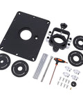 Precision Router Lift System With Aluminum Alloy Table Mount, 6.3 By 11.75 Inch Plate, Dead Nuts Micro Dialing, Four Insert Rings components.