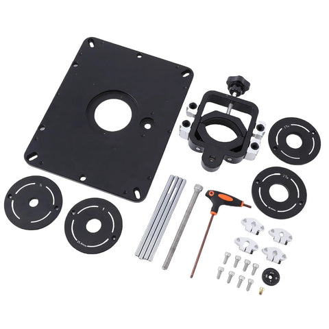 Slick Aluminum Router Lift Kit With Badass Precision Height Tweaks Up To 1/64 Inch components including plates, rings, and tools.