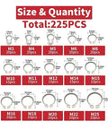 Heavy Duty 225 Piece Stainless Steel External C Clip Set With 15 Sizes From M3 To M25 overview with sizes and quantities displayed.