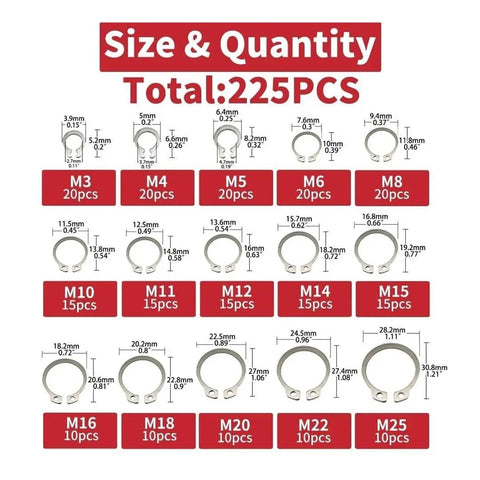 Heavy Duty 225 Piece Stainless Steel External C Clip Set With 15 Sizes From M3 To M25 overview with sizes and quantities displayed.