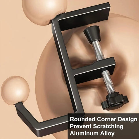 Aluminum Alloy Headphone Stand For Desk Mount, under desk view showing rounded corner design and screw clamp.