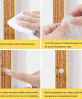 Step-by-step application of Clear Self Adhesive Rubber Bumpers, 3/8 Inch Hemispherical Noise Dampening Cushions, 100 Pack on wood surface.