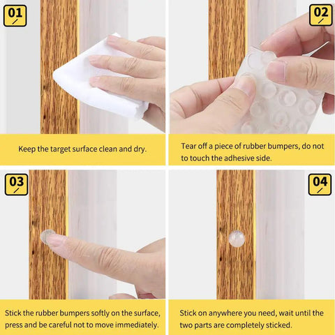 Step-by-step application of Clear Self Adhesive Rubber Bumpers, 3/8 Inch Hemispherical Noise Dampening Cushions, 100 Pack on wood surface.
