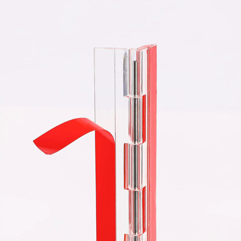 Clear Self Adhesive Acrylic Hinge 12 Inch Continuous Piano Hinge showing red adhesive strip for DIY use, clear 300x45 mm view
