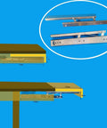 Heavy Duty Telescoping Folding Hinge With Self Locking Bracket And Hydraulic Cushion For Fold Flat Tables shown with dimensions and installation details.
