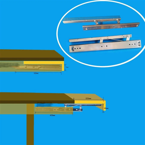 Heavy Duty Telescoping Folding Hinge With Self Locking Bracket And Hydraulic Cushion For Fold Flat Tables shown with dimensions and installation details.