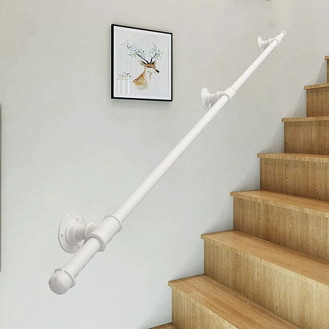 Tough As Nails 14ft Wall Mount Grab Rail And Stair Safety Railing For Home And Deck Use In Clean White Finish installed on stairs.