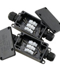 Open IP65 Waterproof Outdoor Junction Box 2 Pack Exterior 2 Way Electrical Enclosure with screws and connectors visible