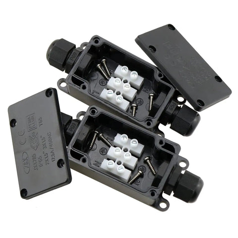 Open IP65 Waterproof Outdoor Junction Box 2 Pack Exterior 2 Way Electrical Enclosure with screws and connectors visible