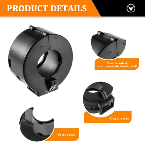Product view of 15mm Black Clip On Ferrite Ring Core EMI RFI Noise Suppressor for Cables Pack of 5 with detailed features