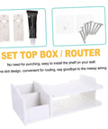 Heavy Duty Wall Mount Router Holder And Cable Management Rack With No Drill Quick Install And Thick Plate Storage Shelf For Your Home Office Setup Plus Sweet Ventilation And Solid Grip, showing installation tools and a white shelf.