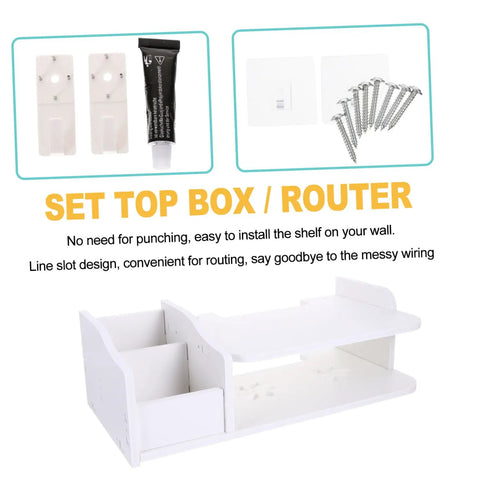 Heavy Duty Wall Mount Router Holder And Cable Management Rack With No Drill Quick Install And Thick Plate Storage Shelf For Your Home Office Setup Plus Sweet Ventilation And Solid Grip, showing installation tools and a white shelf.