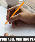 Person using an orange pencil to write on a paper, labeled as a portable writing pen.