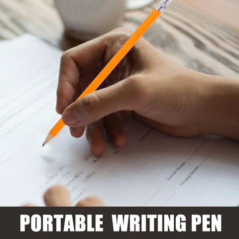 Hand using a portable writing pen on a paper document, with a focus on the pen and hand, cup in the background.
