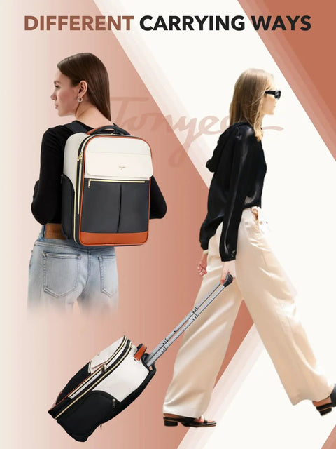 Women demonstrating Roller Backpack For Women 2 In 1 Convertible Suitcase And Carry On Bag, Wheeled Travel Backpack, beige