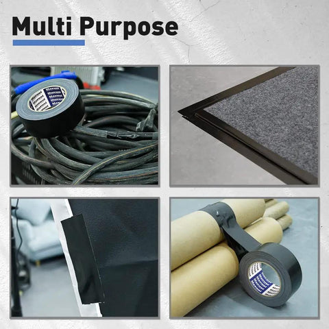 Heavy Duty Duct Tape That Sticks Like Crazy 1.88 Inch Wide 50 Yard Roll Waterproof No Residue Tearable By Hand For Outdoor Use And Indoor Fixes Industrial Grade Adhesive Multi Purpose Home Repair And Bundling shown bundling cables, sealing floor edges, taping boxes, and securing rolls.