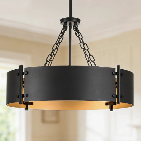 Modern Drum Chandelier With Four Lights In Black And Gold For Dining Room Farmhouse Industrial Pendant Lighting