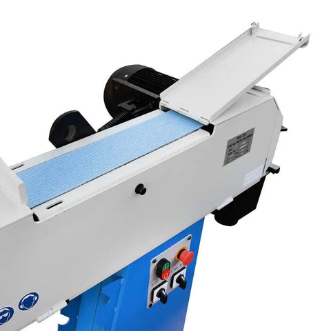 Built Tough 3HP Industrial Tube Profile Belt Grinder And Sander With 4 By 78 Inch Belt 220V 3 Phase Motor close-up view of belt and controls