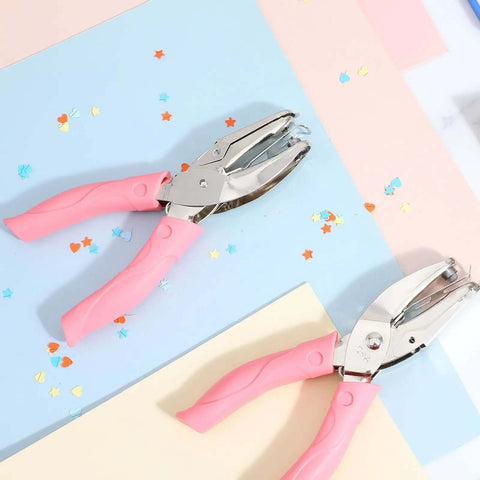 Pink Star Shaped Hole Puncher Five Millimeter With Rubber Grip Handle for crafting scrapbooking labels tickets DIY projects