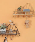 Golden Wall Mount Storage Rack With Heavy Duty Iron And Wood, Slick Hook Organizer For Kitchen Bedroom, decorative display with potted plants and toy