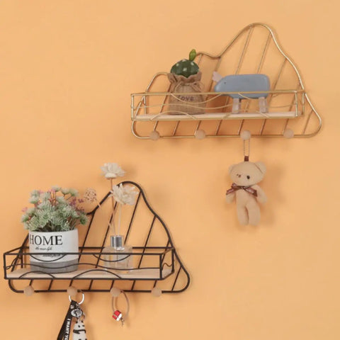 Golden Wall Mount Storage Rack With Heavy Duty Iron And Wood, Slick Hook Organizer For Kitchen Bedroom, decorative display with potted plants and toy