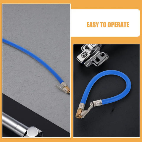 Ultimate Heavy Duty Replacement Tire Inflator Hose With Integrated Pressure Gauge And Solid Copper Locking Chuck For Car Truck Bike Air Compressor Accessories Includes Two Pack Blue Design Makes Quick Inflation And Saves Your Time On The Road Today. Blue air compressor hose with solid copper locking chuck shown in looped and straight views