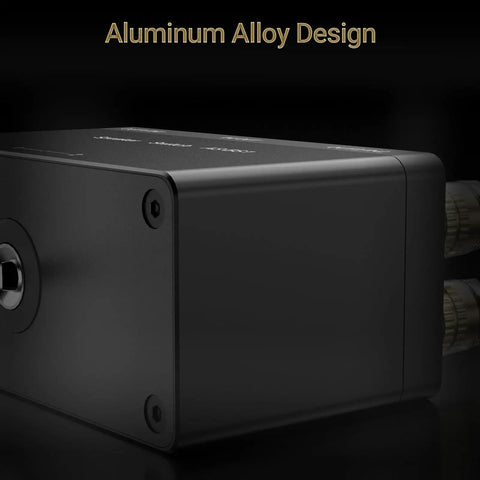 2-Way Speaker Selector Switch Box For A B Amplifier Setup With Banana Plugs in aluminum alloy design, side view