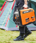 Person carrying Portable 3300 Watt Inverter Generator For Home Backup And Camping Ultra Quiet Gas Engine EPA Compliant Eco Mode