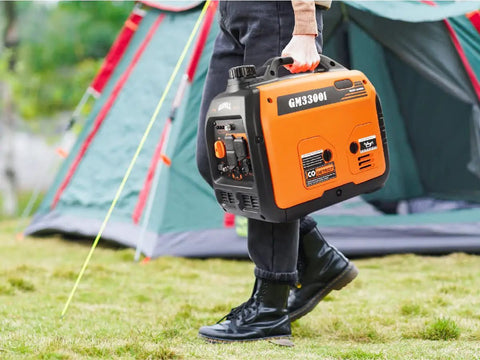 Person carrying Portable 3300 Watt Inverter Generator For Home Backup And Camping Ultra Quiet Gas Engine EPA Compliant Eco Mode