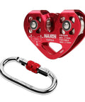 Dual Tandem Zip Line Pulley System With Speed Trolley And Oval Carabiner, aircraft aluminum alloy, ball bearing, visible components.
