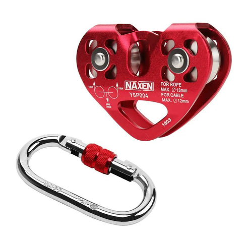 Dual Tandem Zip Line Pulley System With Speed Trolley And Oval Carabiner, aircraft aluminum alloy, ball bearing, visible components.