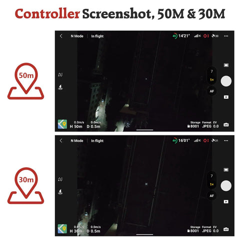 Controller screenshot of nighttime reflective drone navigation at 50m and 30m heights, compatible with Nighttime Reflective Drone Landing Pad