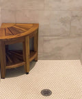 Shower Bench And Corner Stool Set In Solid Teak Wood For Indoor Outdoor Use, 18 Inch Bath Spa Stool, All Teak Wood Corner Seat