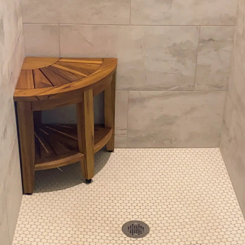 Shower Bench And Corner Stool Set In Solid Teak Wood For Indoor Outdoor Use, 18 Inch Bath Spa Stool, All Teak Wood Corner Seat