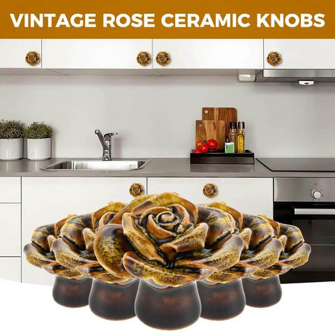 Six Pack Yellow Vintage Flower Premium Ceramic Cabinet Knobs And Drawer Pulls shown in a kitchen setting with yellow rose design.