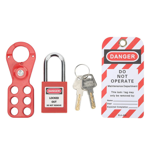 Six Hole Hasp Lockout Tagout Kit Nonconductive Thermoplastic Body With 1 Inch Shackle Safety Padlocks, keys, and danger tag
