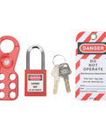 Six Hole Hasp Lockout Tagout Kit Nonconductive Thermoplastic Body With 1 Inch Shackle Safety Padlocks shown with keys and tag