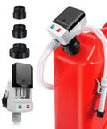 Portable Battery Powered Fuel Transfer Pump With Siphon Hose And Nozzle, 12 LPM, 3 Adapters visible on a red fuel can