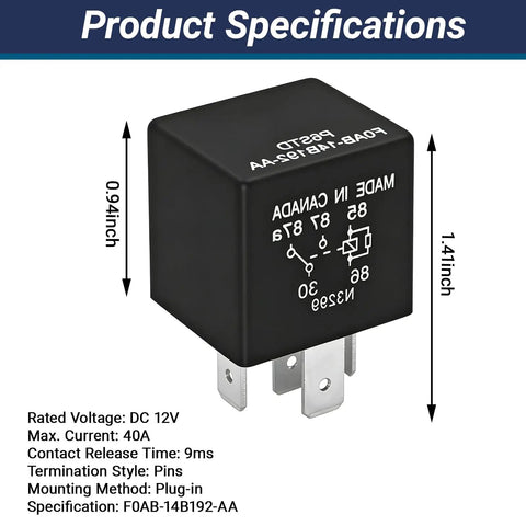 Heavy Duty 5 Pin Automotive Relay 12V 40A Plug In And Go Fuel Pump Starter Switch For Ford F150 Explorer Expedition Transit Runs Smooth Takes A Beating Every Day 2 Pack specifications with dimensions and voltage details.