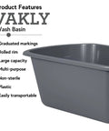 Rectangular Plastic Wash Basin Set 7 Qt Small Portable Bedside Soaking Tub Pack Of 2 showing product features and gray color