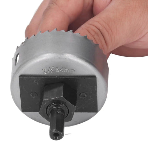 A Solid 5Pc Hole Saw Kit For Woodworkers Pros And DIYers Alike Featuring Giant 2-5 Inch Alloy Cutters With Sharp Drill Bits For Gypsum Board Plastic And Thin Metal Sheets That Are Ready To Rock In Any Garage Or Workshop Job Site Today. 2 1/2 in 64mm alloy hole saw with mandrel