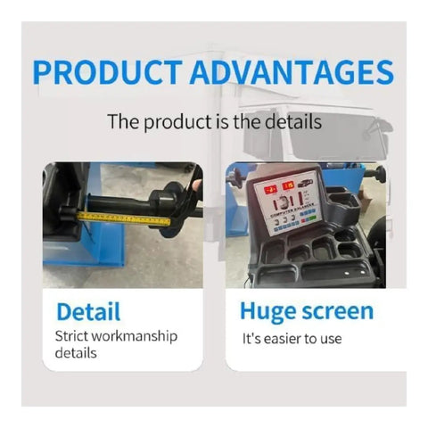 Heavy Duty Wheel Balancer Machine Built With Raw Copper Motor Core And Lab Grade Precision features detail measurement tools.