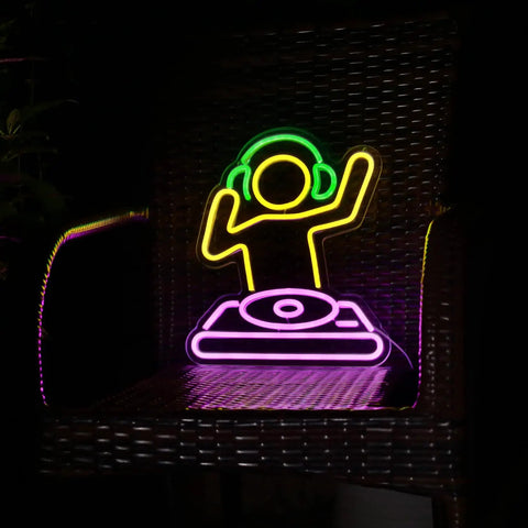 DJ-yellow neon sign shaped like a DJ on acrylic backboard for bar, man cave; Neon Sign For Bar And Man Cave USB Powered Dimmable LED Neon Light Wall Decor Cute Anime Style Neon Sign For Bar Party And Home Decor And Bedroom Vibe.
