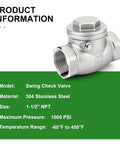 Swing check valve, 1-1/2" NPT, 304 stainless steel CF8, female connections