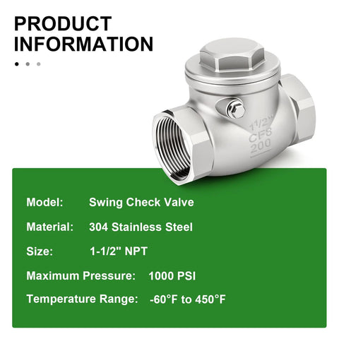 Swing check valve, 1-1/2" NPT, 304 stainless steel CF8, female connections
