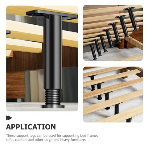 2 Pack Adjustable Bed Frame Support Legs with heavy duty metal bases and floor protection installed on bed slats