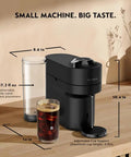 Front view of Vertuo Pop Plus Deluxe Coffee and Espresso Maker by DeLonghi in Black Matte with Dark Chrome, showing side water tank and coffee cup.